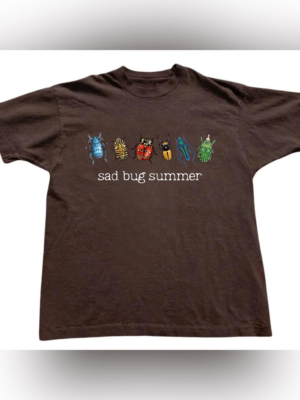 Sad Bug Summer Graphic Tee - Dark Brown Vintage With Colorful Insect